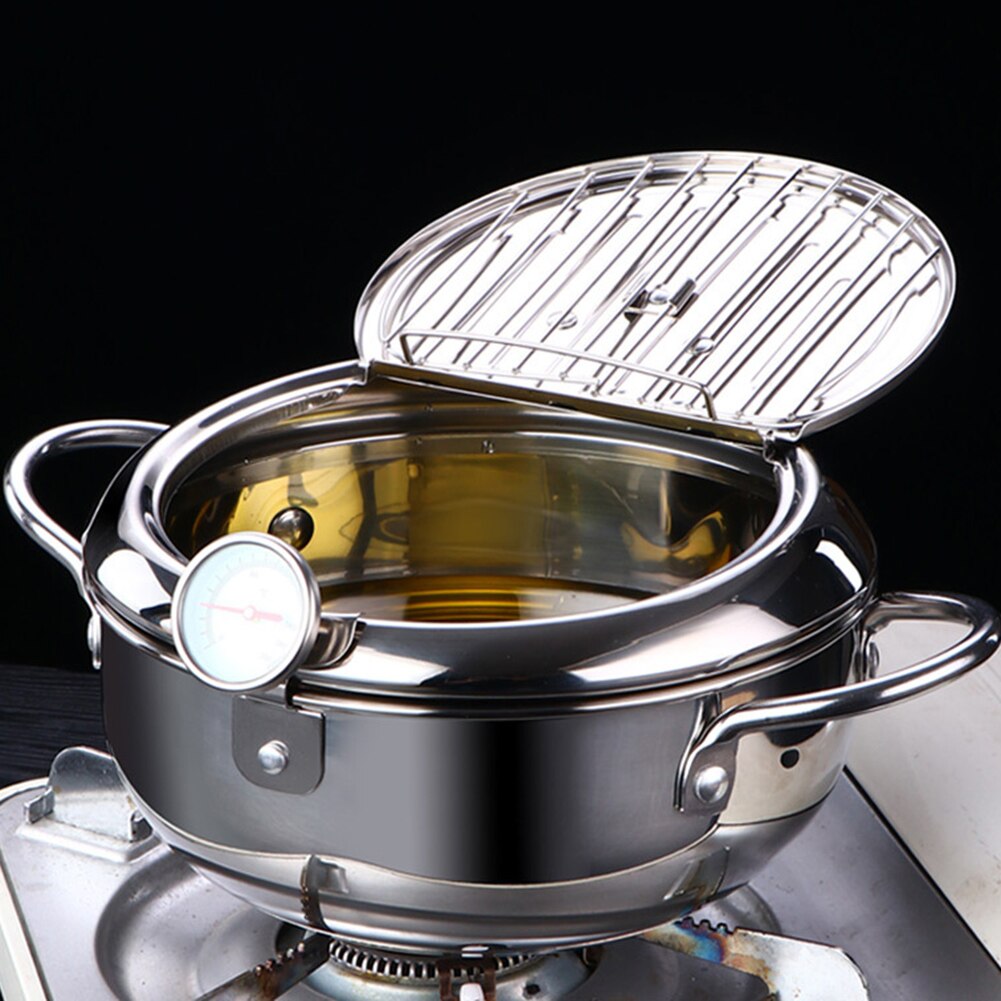 Japanese Tempura Deep Frying Pot with Thermometer Lid Stainless Steel Kitchen Fryer Pan Cookware