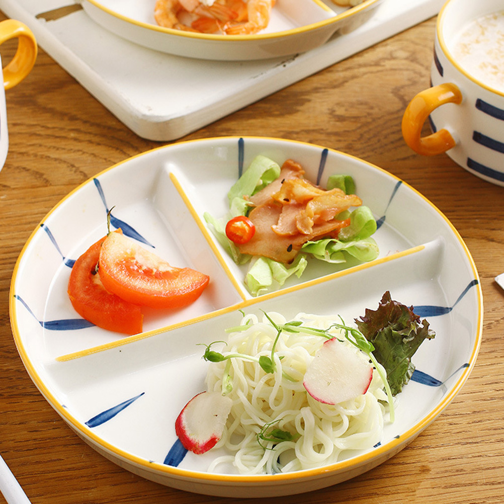 Plato de cerámica dividido de estilo japonés, plato de cena de 3 Divisiones pintado a mano, Reduce la grasa, , 2 uds.