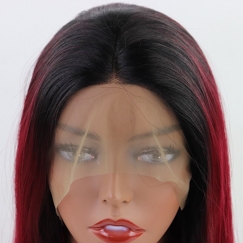 Ombre 1B Rood Kant Haar Synthetische Gekleurde Steil Haar 13 × 4 Lace Front Pruik Met Baby Haar Pre Geplukt