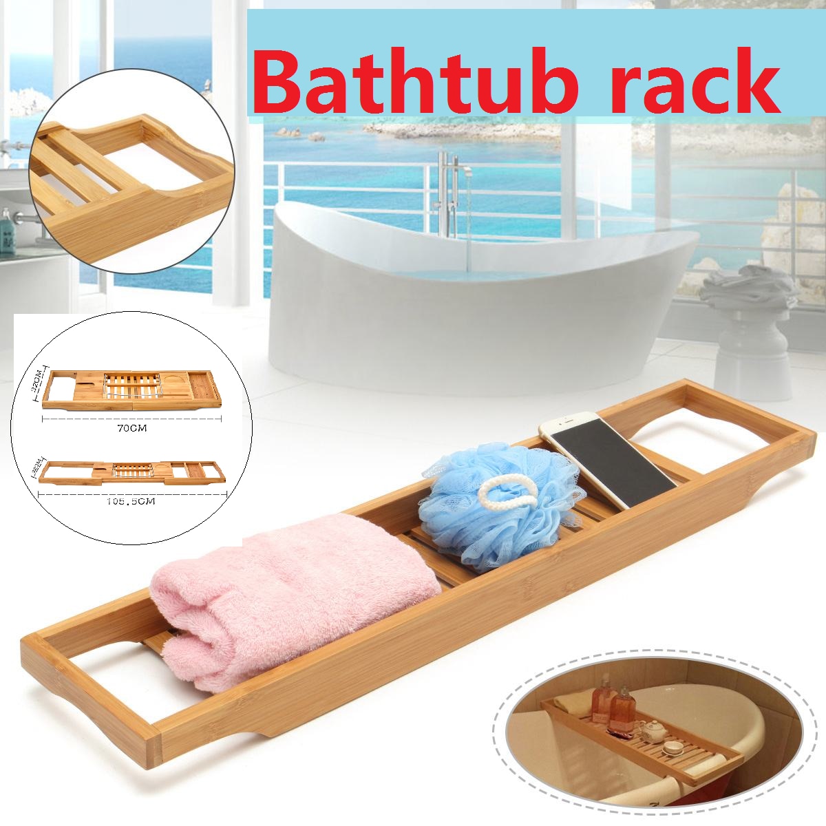 Bathroom Accessories Storage Shelf Rack Extendable Bamboo Bath Caddy Adjustable Home Spa Wooden Bath Tray