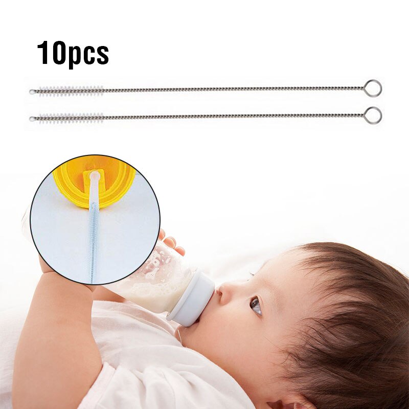 10pcs Baby Milk Feeding Bottle Drink Water Cup Straw Washing Brush Cleaner Stainless Steel Handle Spiral Soft Hair Cleaning Tool