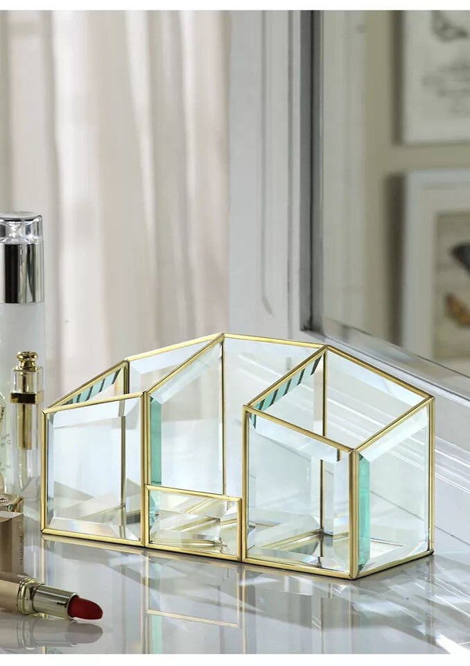 Antique Spacious Mirror Glass Cosmetic Storage Cube Set with 3 Tier Dustproof Drawers Vanity Tray/Gold Metal Makeup Storage: Rectangle-2