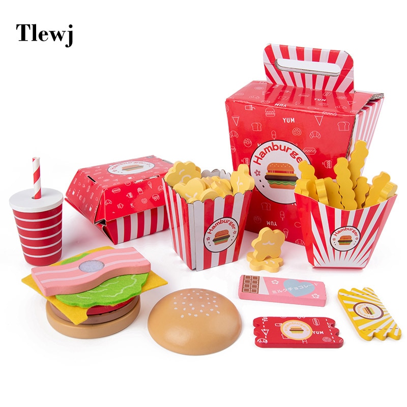 Wooden kids toy simulation hamburger fries set juicer coffee machine playhouse simulation real life kitchen utensils game toys