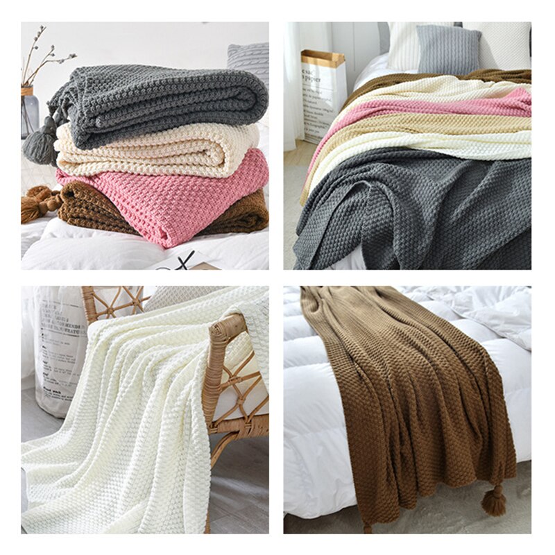 Nordic Thread Blanket with Tassel Solid Beige Grey Throw Blanket for Bed Sofa Home Textile Cape Knitted Wool Blanket