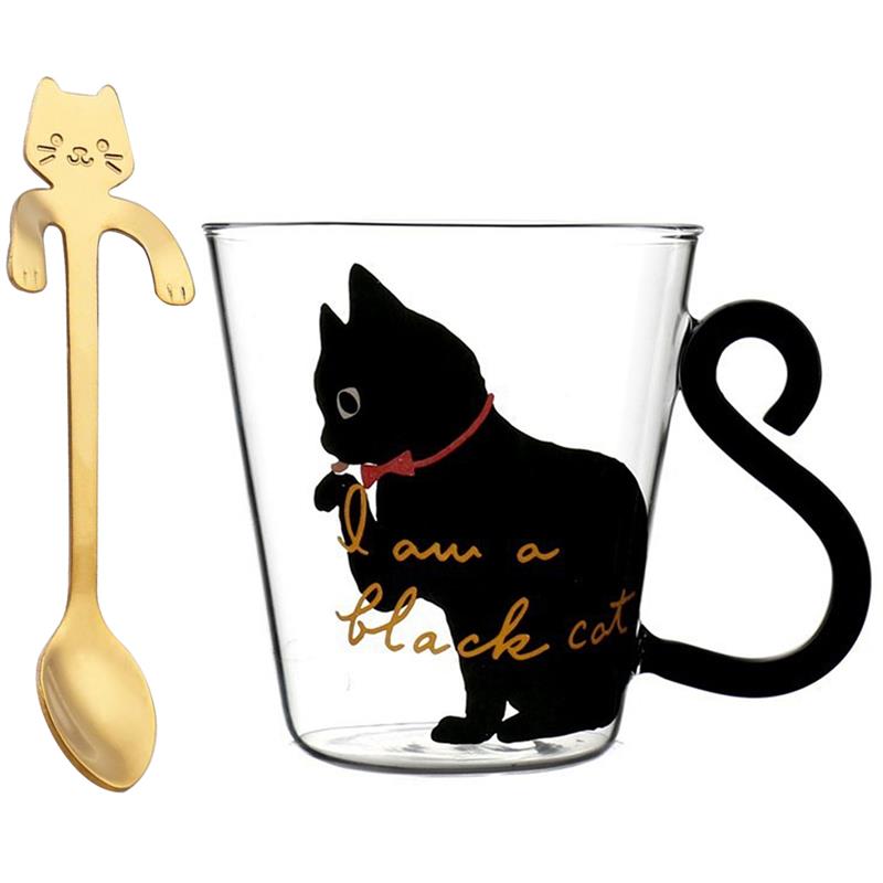 1pc Cute Cat Milk Coffee Mug Water Glass Mug Cup Tea Cup Cartoon Cat Pattern Home Office Cup For Fruit Juice With Spoon: 1