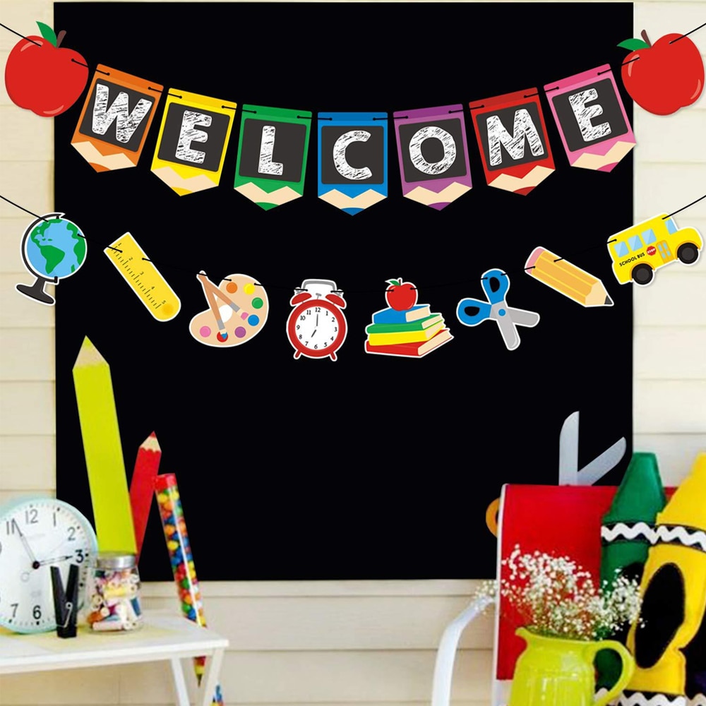 2Pcs Welkom Klasse Terug Naar School Opknoping Teken Banner Bunting Eerste Dag Van School Voor Classroom Decor Party Decoraties