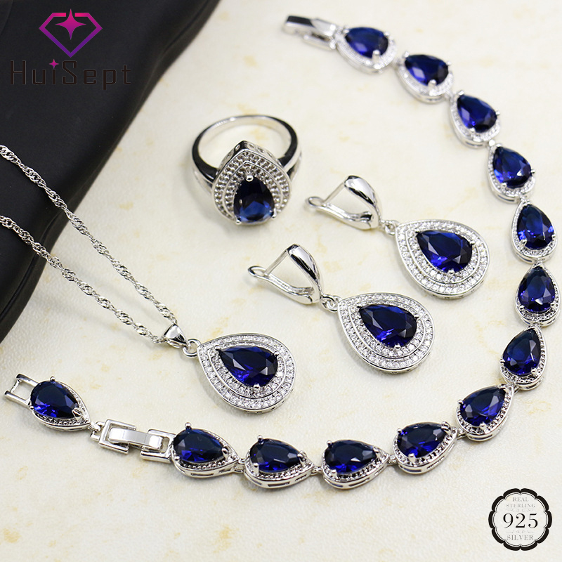 Huisept Mode Zilveren 925 Sieraden Set Waterdruppel Sapphire Edelstenen Zirkoon Ring Oorbellen Ketting Armband Voor Vrouwelijke Bruiloft