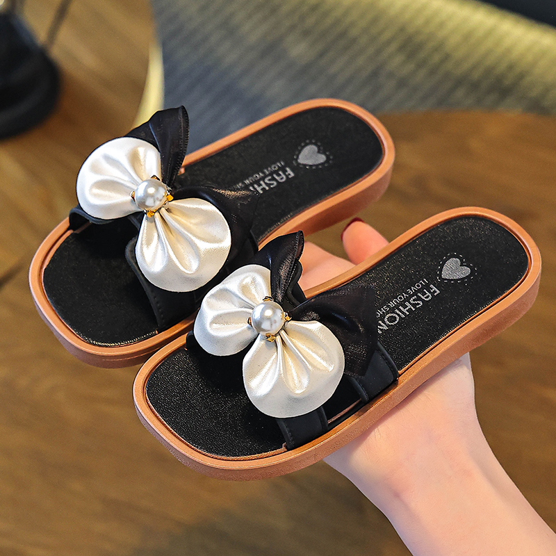 mesh pearl butterfly casual spring and summer slippers for girls, indoor and outdoor beach exposed toe comfortable sandals: black / 3.5