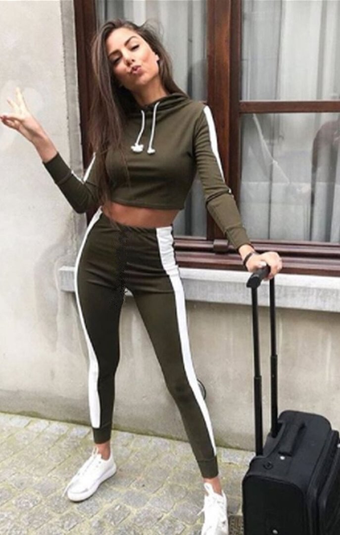 Side Striped Crop Hooded For Women Long Sleeve Hoody Elastic Sports Set Autumn Women's Ypga Shirts Tracksuits Sportswear: Army Green / S