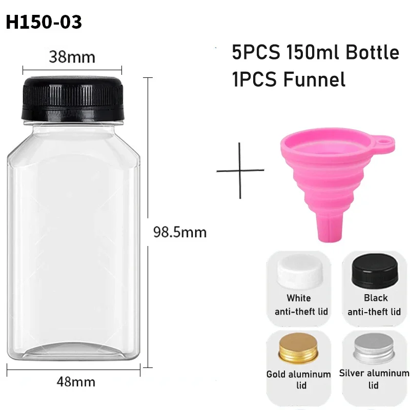 5 uds 60-500ML botellas de plástico transparentes vacías con tapas con embudo plegable contenedores de botellas de agua reutilizables para batidos de jugo DIY: Amarillo claro / 60 ml