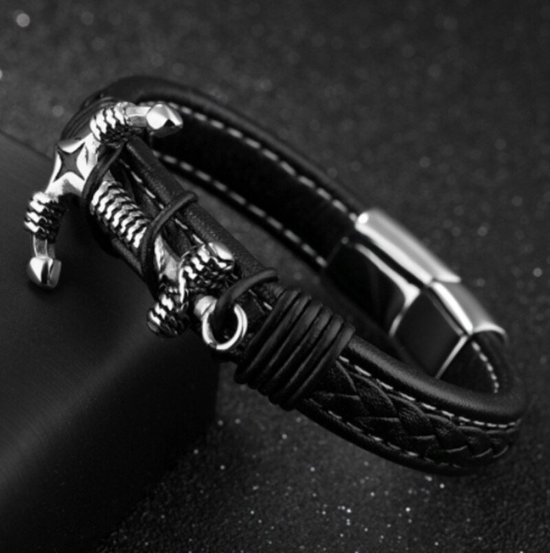 316l rustfrit stål mænds læder armbånd smykker punk anker mænd armbånd