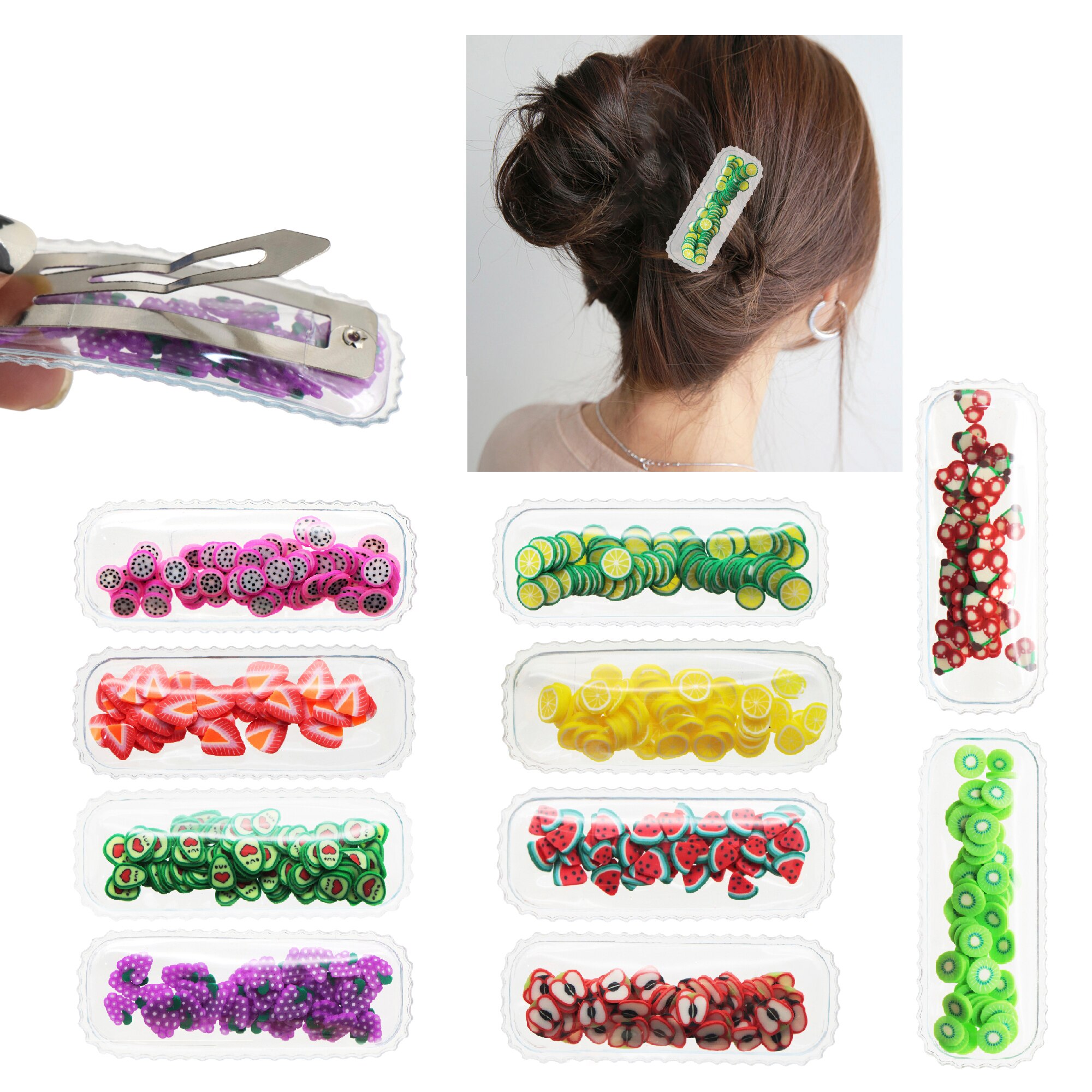 10pcs Transparent Vinyl Sequin Shaker Hair Clips Fruits Series Quicksand Shaker Girls Hairwear Accessories DIY Crafts Decoration