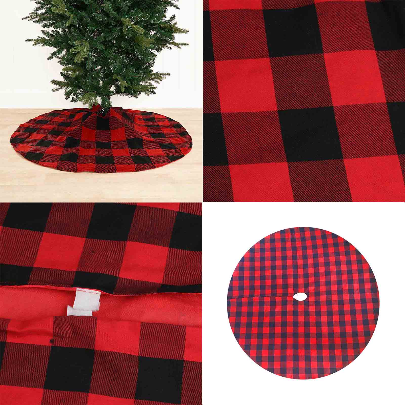 Jupe pour arbre de noël, tapis à carreaux de buffle rouge et noir, 90cm, décorations pour sapin de noël