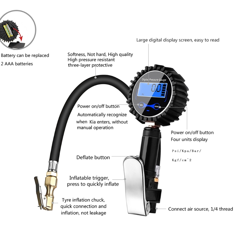 3-in-1 Deflator &amp; Tire Inflator with Pressure Gauge Portable 200PSI Digital Tire Pressure Gauge Air Compressor Accessory