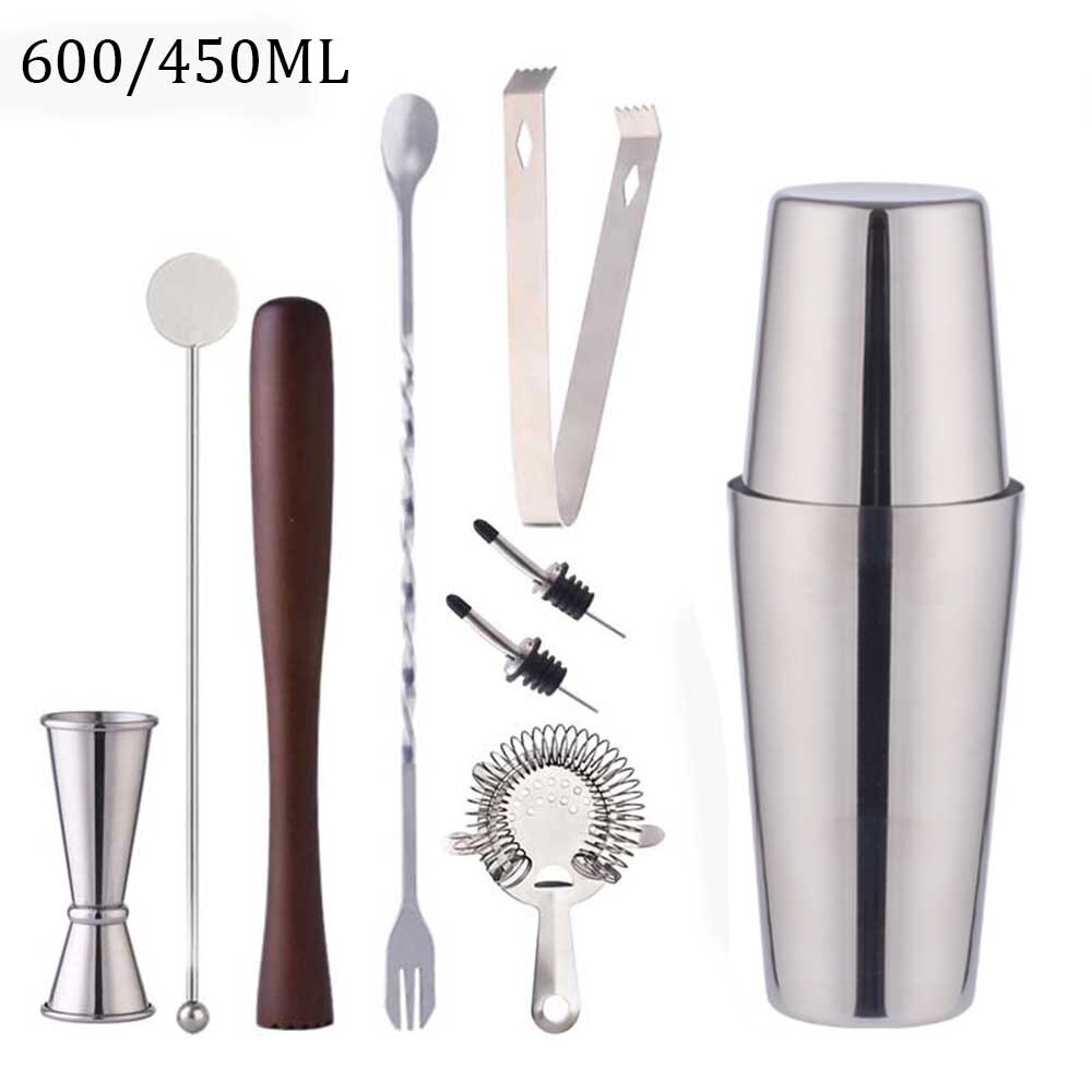 Bar Shaker Cocktail Zubehör Barware Boston Trinken Für Bartender Set Jigger Werkzeuge Edelstahl Mixer 550/750ML Holz rack: Boston A 9 Pcs