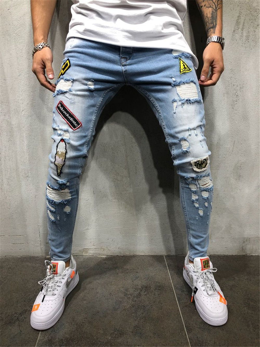 Pantalones vaqueros rasgados con agujeros para hombre, Jeans ajustados de mezcla de algodón, estilo Hip Hop, ropa de calle con insignia de retales, desgastados, color azul: Light blue / XXL