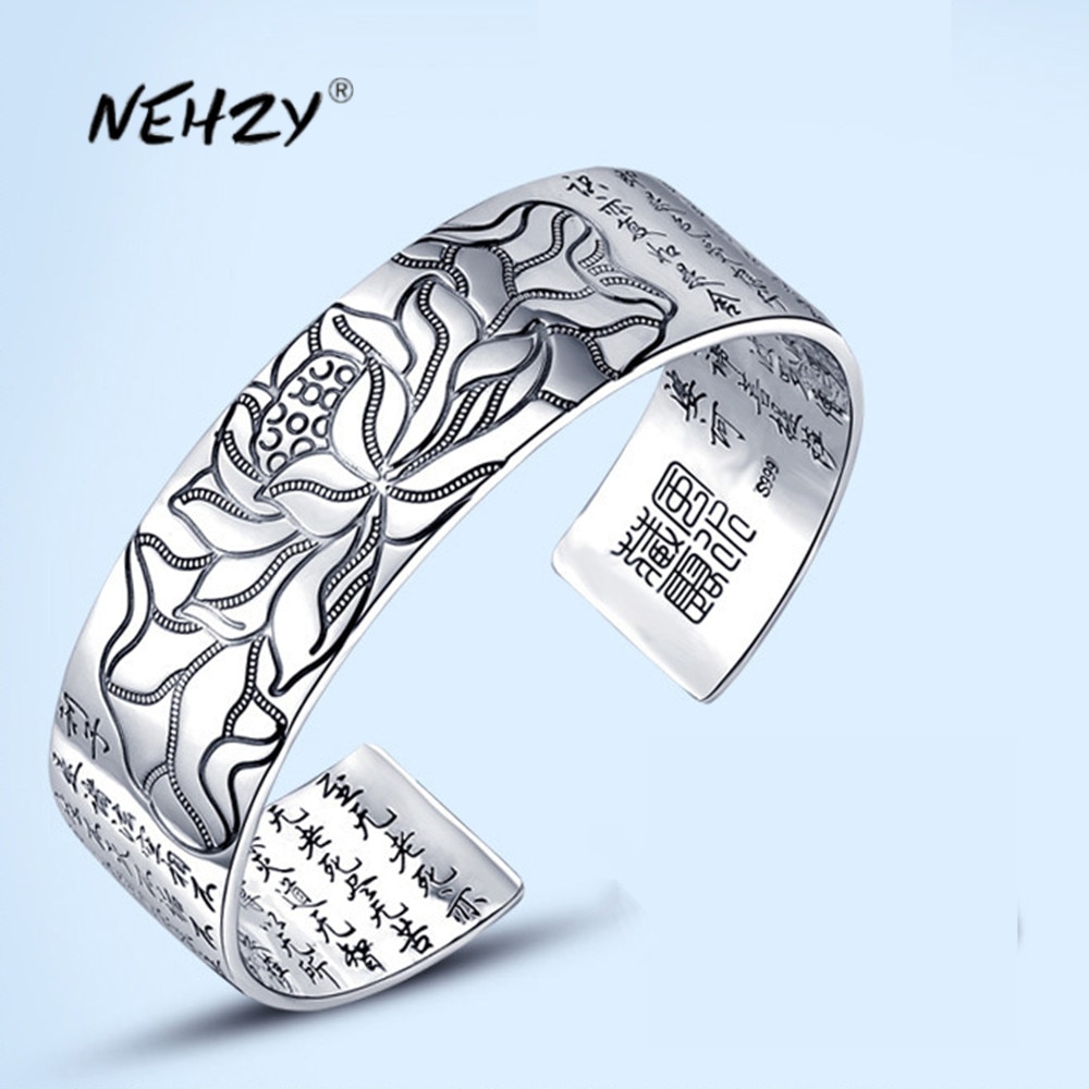 NEHZY S999 Stamp silver woman men&#39;s jewelry retro lotus carving Buddhist scripture blessing language bracelet