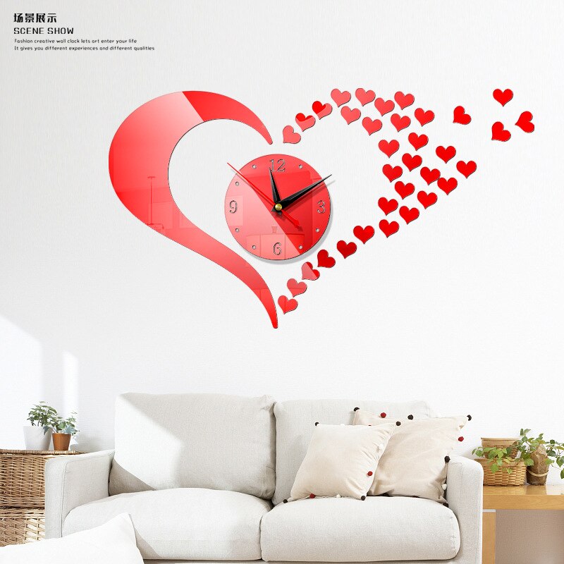 Etiqueta del reloj de pared con corazones encantadores, espejo, arte, pegatinas, reloj, decoración de pared, adorno de pared de salón,