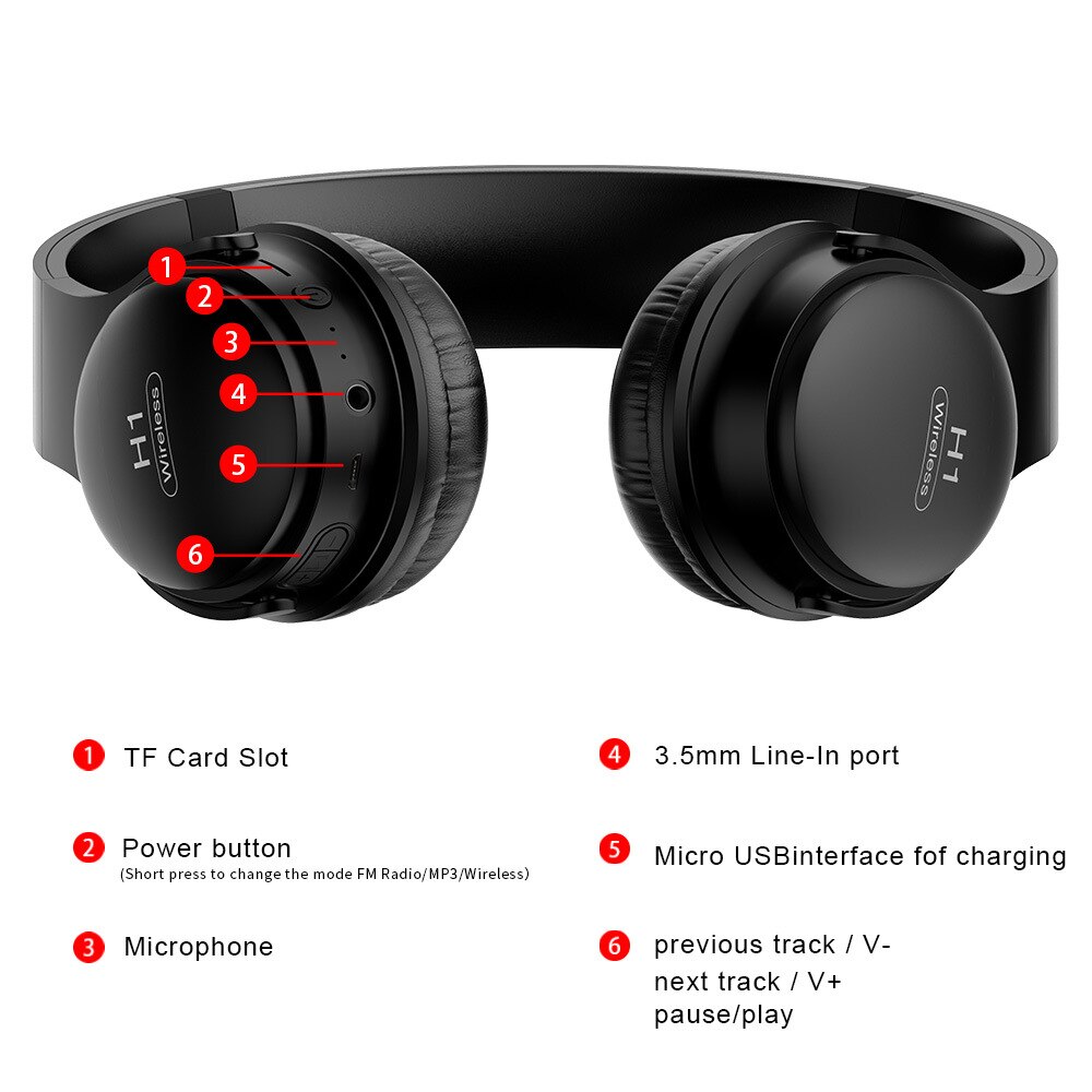 H1Pro sans fil Bluetooth casque anti-bruit Sport stéréo casque Support cartes mémoire casque Bluetooth téléphone adaptateur
