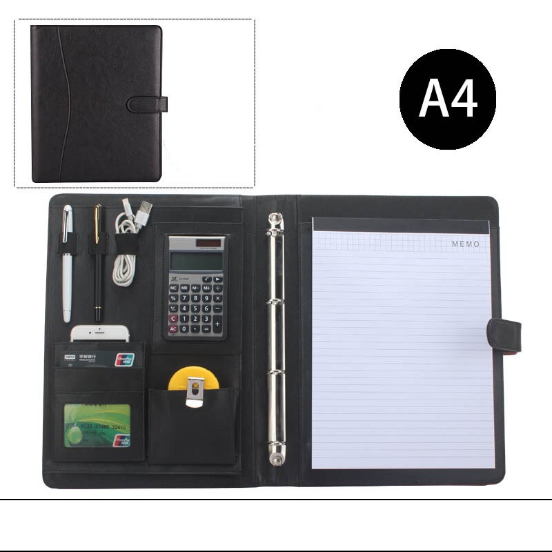 PU artificial leather folder ring binder a4 portfolio for documents padfolio briefcase with notebook cellphone holder 1210C: black C style