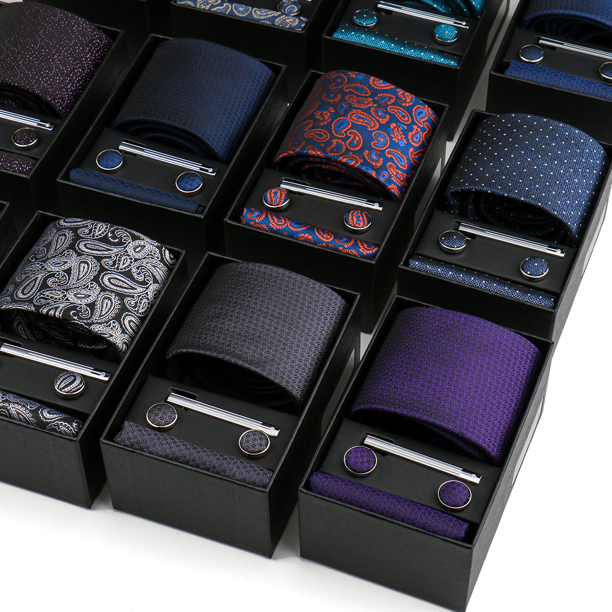 Conjunto de gravata de luxo para homens caixa de presente de negócios festa de casamento moda masculina conjunto de gravata paisley lenço abotoadura gravata-clipe terno presente para homem