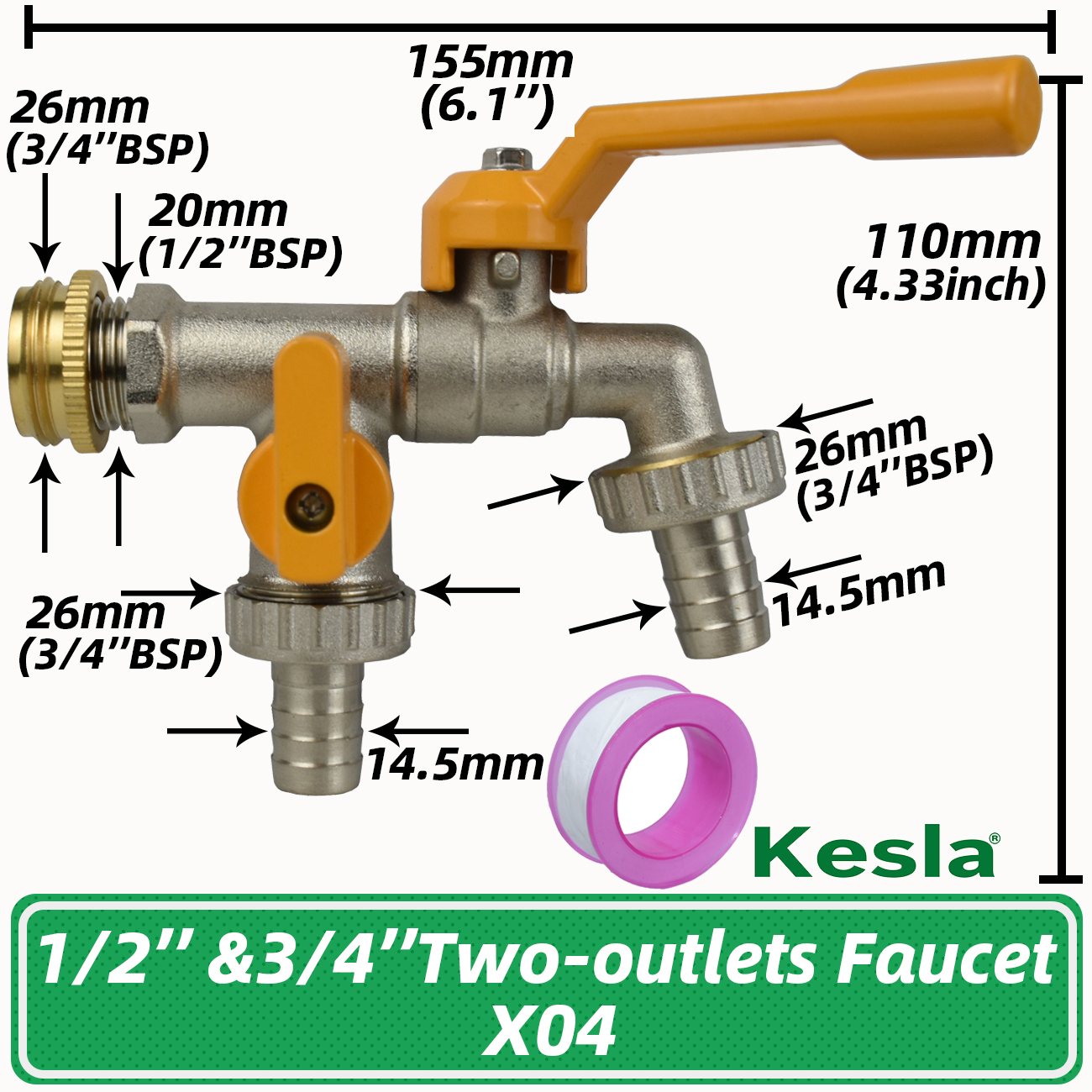Garden 1/2'' 3/4'' Brass Water Faucet Water Splitter 1-Way 2-Way Connector Coupling Adapter Valve Switch Irrigation Tap Replace: green