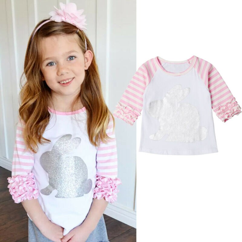 Kids Baby Meisjes Konijn Bunny Ruffle T-shirt Top Dier Kleren Outfit Zomer Mode Zoete Leuke Print Peuter Kind Tops tee