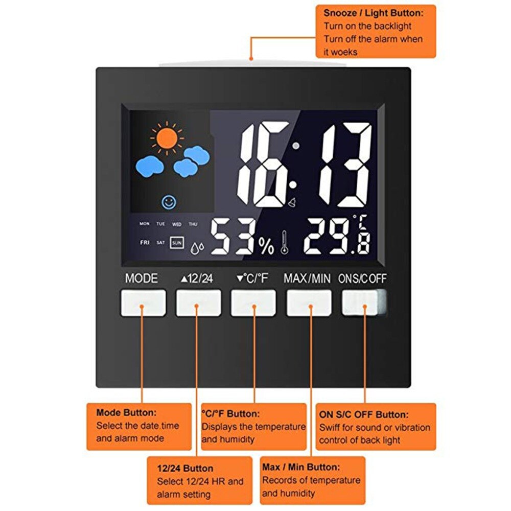 LCD Digital LED Alarm Clock Date Weather Temperature Humidity Travel Backlight Electronic Clock Snooze Function Desk Table Clock