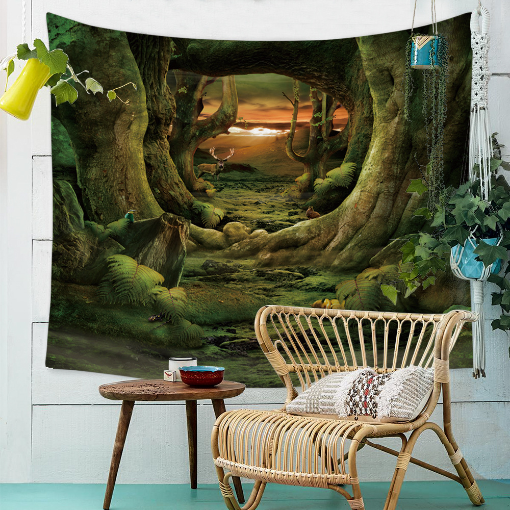 Tapis mural naturel, tissu psychédélique, motif d'arbre, forêt et ciel étoilé, pour paysage de plage, tente de Hippie