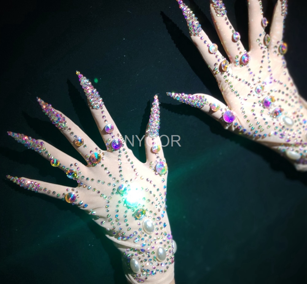 Luxurious Rhinestone Pearls Gloves Women Sparkly Crystal short Gloves Dancer Singer Nightclub Stage Performance Show Accessories