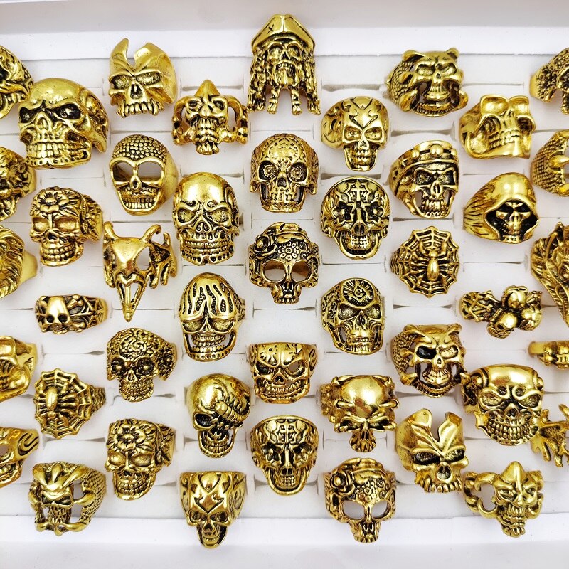 30 stuks/batch van gothic punk grote schedel ring vrouwen mannen sport fiets retro antiek zilver religieuze verklaring sieraden;: gold / 10 Pcs