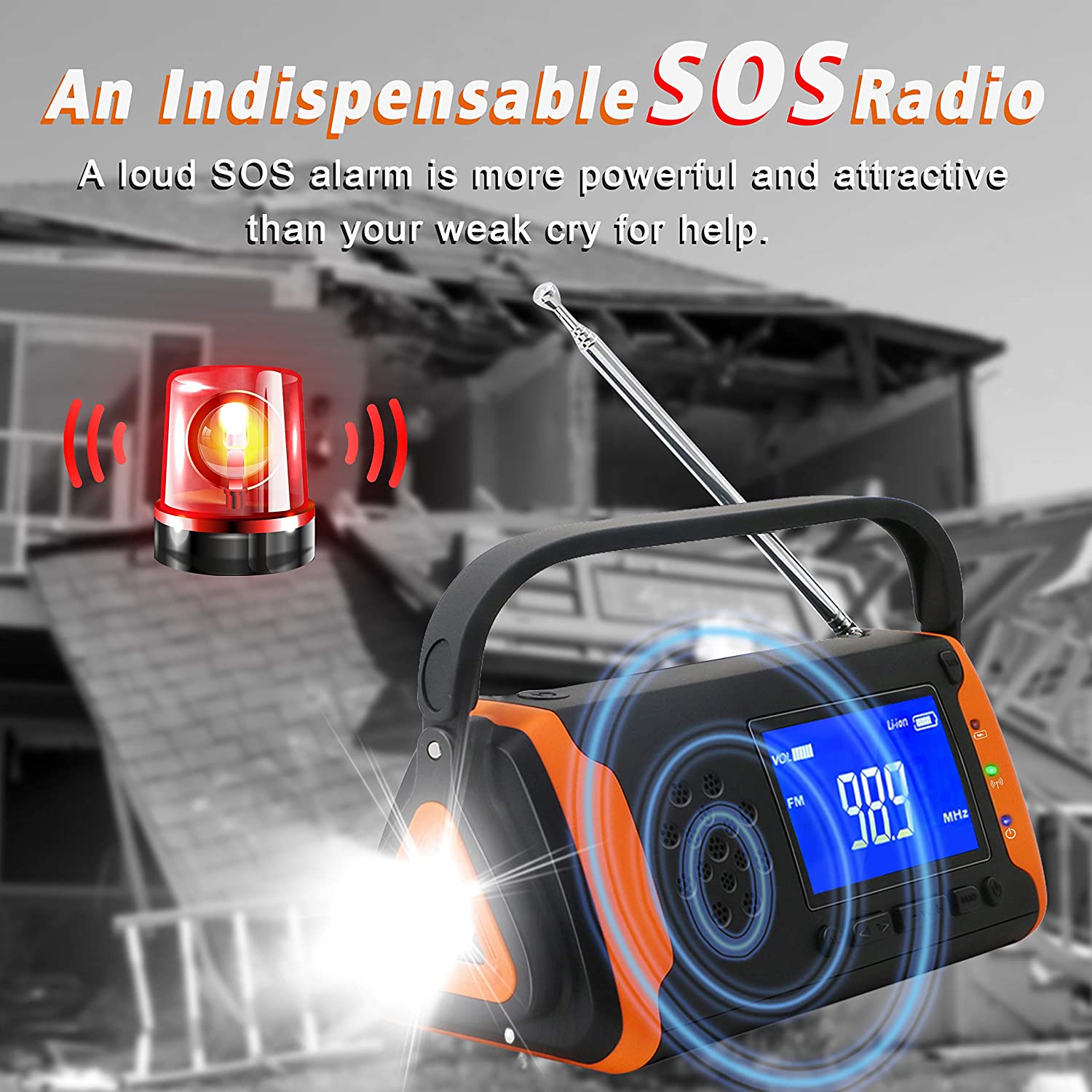 Emergency Weather Crank Radio 4000mAh Portable Radio Solar Powered Hand Crank Weather Alert Radio Aux Music Play SOS Alarm