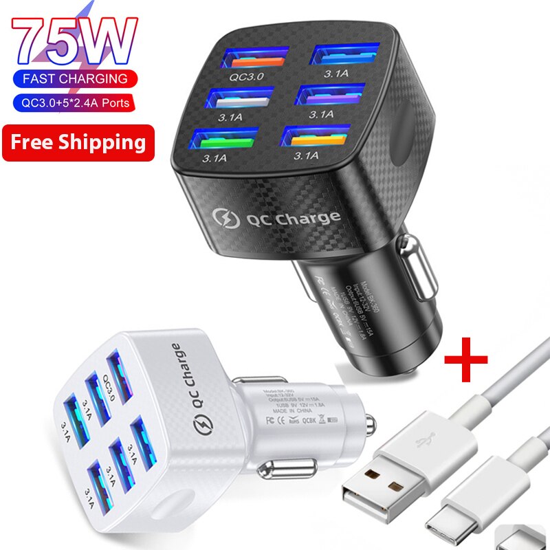 Caricabatteria da auto rapido USB 15A 6 porte per iPhone 13 12 11 Pro Max Mini 7 8 X XS adattatore di ricarica rapida per Xiaomi Samsung Tablet iPad