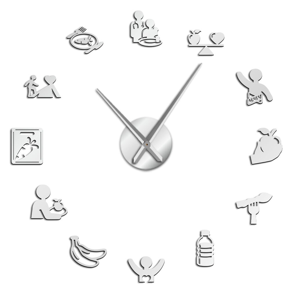 Voedingszorg, gezonde voeding, voedingsdeskundige, wandkunst, hangende wandklok, doe-het-zelf spiegelstickers, keuken, eetkamer, stille muur, horloge: Zilver / 37 inch
