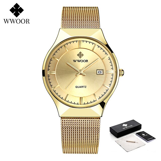 Relojes WWOOR plateados para hombre con malla de acero, superior de lujo, cuarzo ultrafino, resistente al agua, fecha, reloj de pulsera de negocios, caja Montre Homme: Marfíl