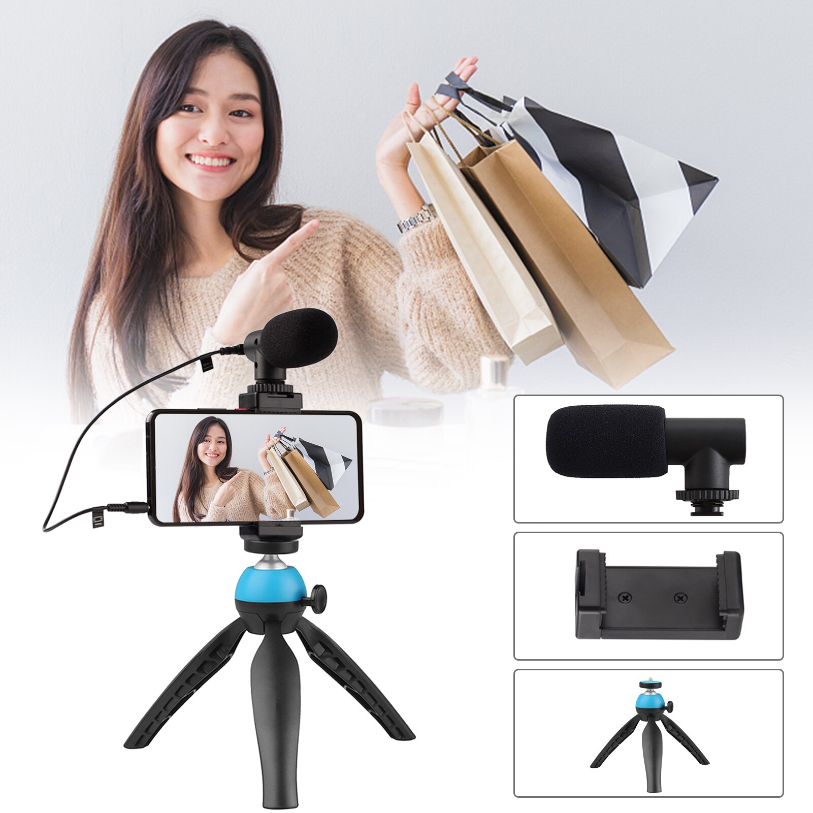 Portable Smartphone Video Kit Phone Video Rig with Cardioid Microphone + Adjustable Phone Holder + Mini Desktop Ballhead Tripod