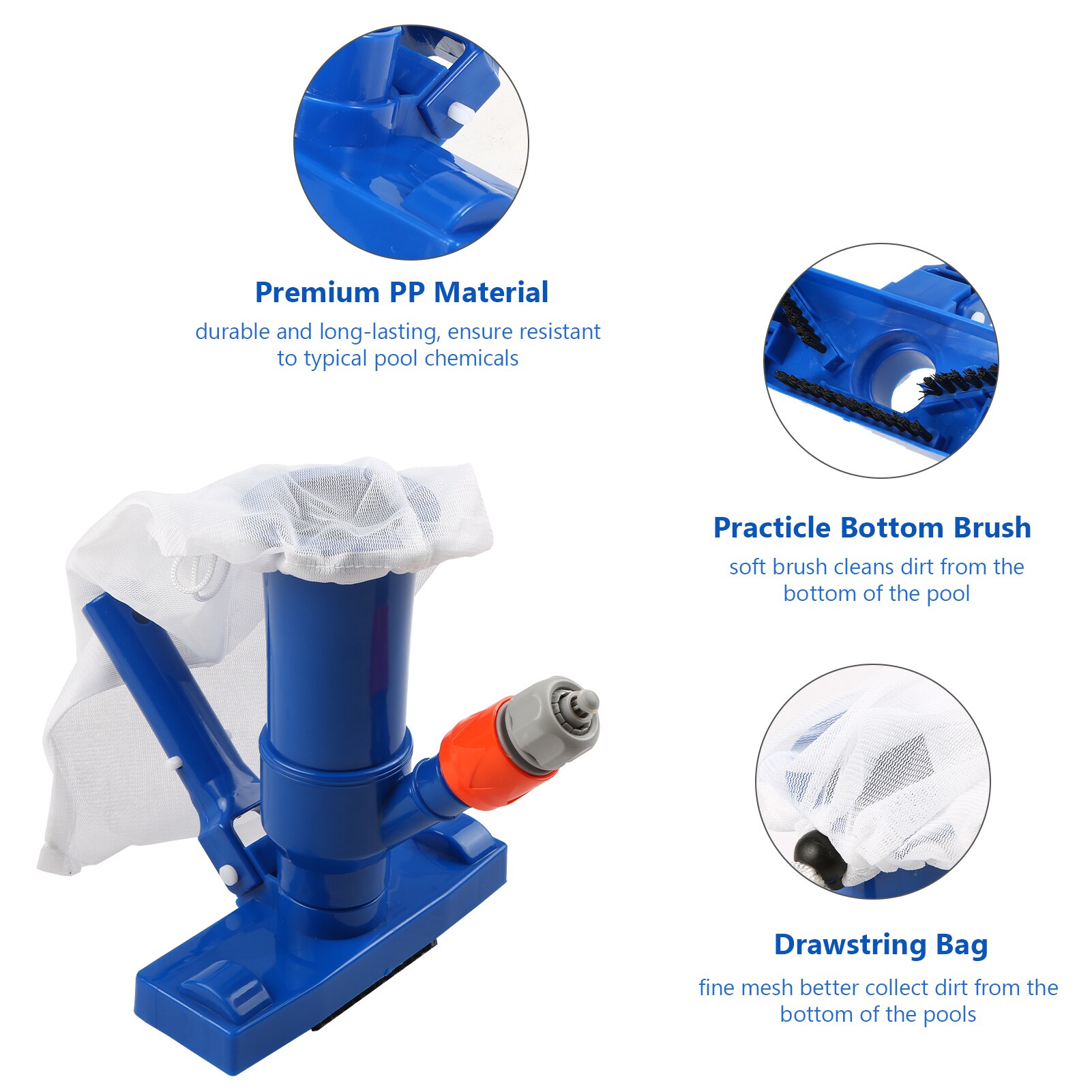 Pool Vacuum Jet Underwater Cleaner Brush with Clip Handle Drawstring Bag Cleaning Tools for Above Ground Inflatable Pool Spa