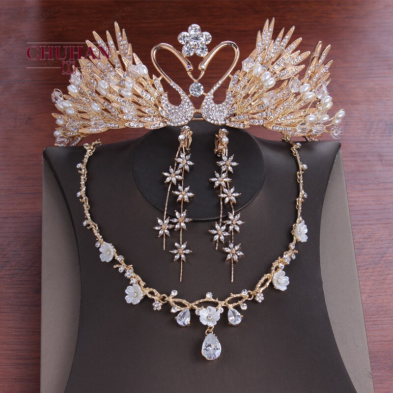 CHUHAN ensembles de bijoux de mariée coiffure accessoires de cheveux de mariage couronne collier boucles d'oreilles 3 pièces accessoires de mariage C357