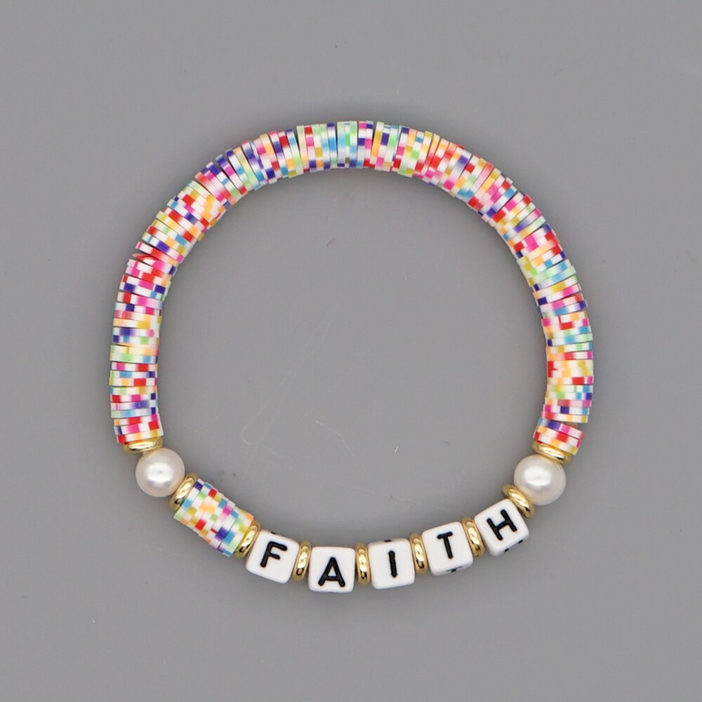 GO2BOHO Rainbow Polymer Clay Bracelets Faith Letter Heishi Beads Bracelet For Women Summer Beach Real Pearl Pulsera Jewelry: QT-B200145F