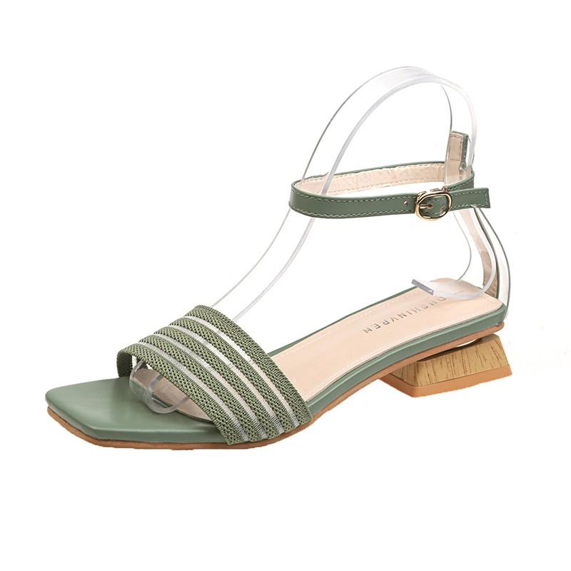 Gebreide Lage Hak Sandalen Vrouwen Hout Hak Open Teen Snoep Kleuren Zomer Stretch Stof Sandalen Dames Vierkante Teen Hakken Vrouwen: Green / 39
