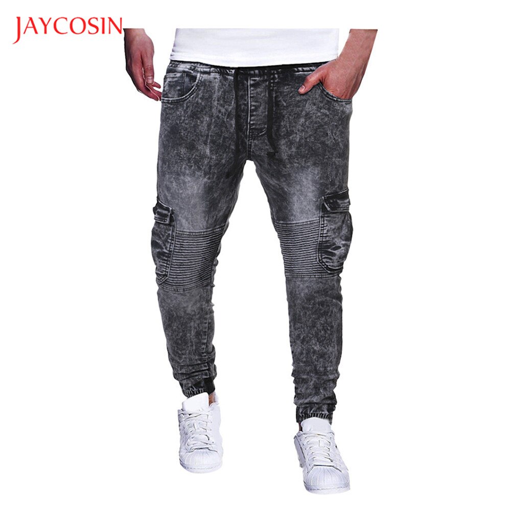 Jaycosin Men Pleated Jeans Pants Straight Light Denim Trousers Pocket Jeans Casual Men Mid Waist Pants