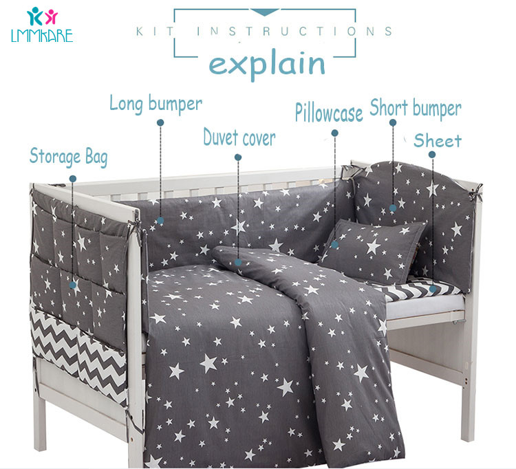 Bomuld blød baby seng krybbe kofanger inkluderer pude / kofangere / lagen / dynebetræk nyfødte seng kofangere baby sengetøj sæt grå stjerner