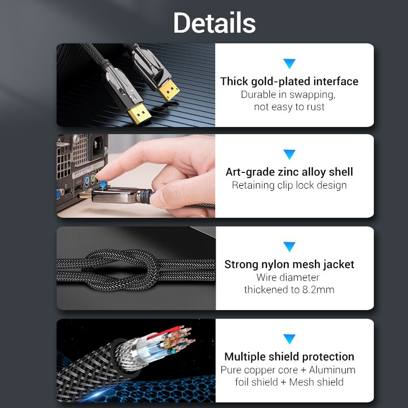 Vention Displayport 1.4 Cable DP to DP Cable Computer TV Adapter Display port Connector for PC Macbook HDTV Projector 8K 60Hz 3m
