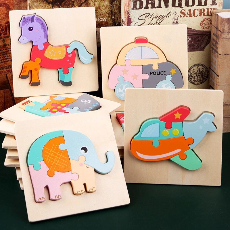 Cartoon Colorful Animal Traffic Wooden 3D Puzzle Kid Early Educational Brain Teaser Tangram Development Toys For Children Jigsaw