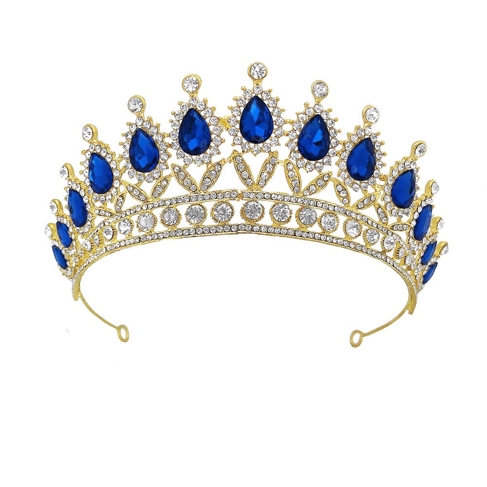 Prachtige Kristal Bruids Sieraden Sets Mode Strass Tiara Kroon Ketting Oorbellen Voor Bruid Bruiloft Sieraden Prinses Diadeem: gold blue crown