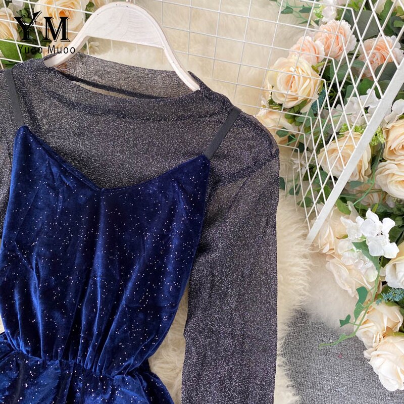 YuooMuoo Bling Bling Luxury Party Dress Women Two Piece Set Shirt and Pleuche Spaghetti Strap Dress Festival Long Dress