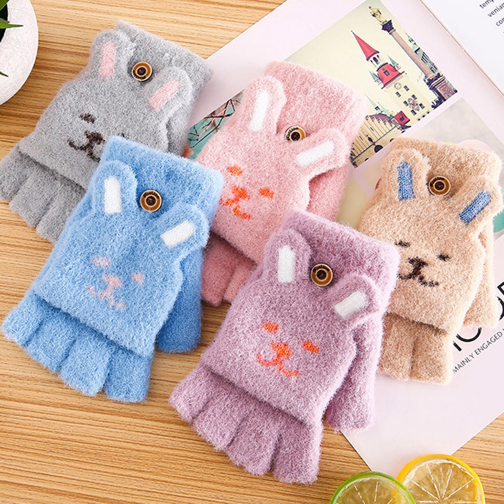 SchöNe Kaninchen Ohr kippen-oben Handschuhe Art Kind Flauschigen Plüsch Halbe Finger Fäustlinge Karikatur Karotte Stickerei Winter Handschuhe