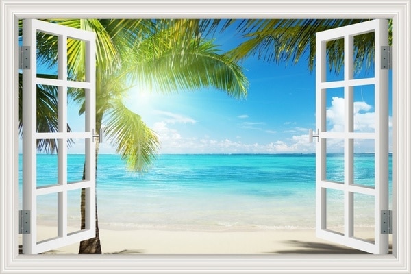 Creatieve 3D Sunshine Beach View Valse Faux Venster Frame Window Mural Vinyl Slaapkamer Muurstickers Stickers