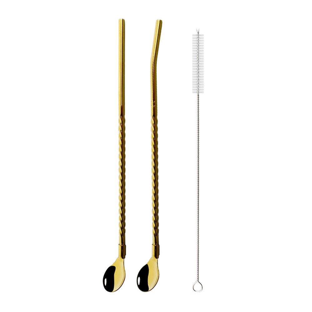 Kleurrijke Rvs Lange Metalen Rietje Lepel 218Mm Herbruikbare Koffie Bar Keuken Party Drink Rietjes Accessoires: Gold
