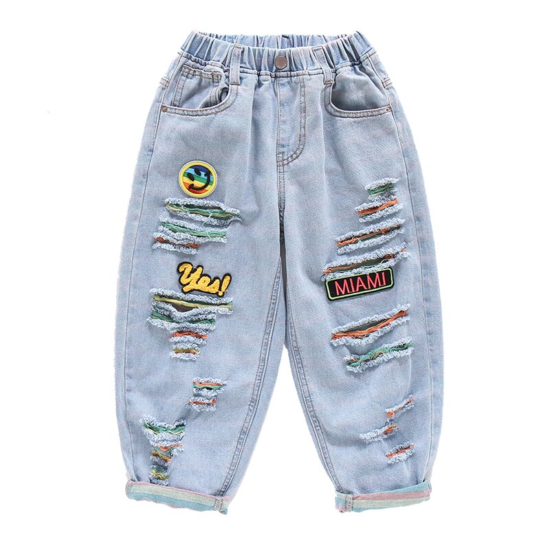Couleur d'été déchiré pantalon 3-13 ans vêtements pour enfants pour fille taille élastique régulière décontracté filles jean lettre pantalon